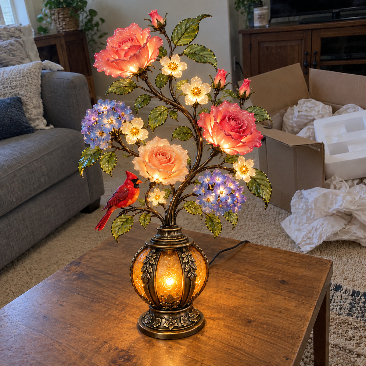 🌹The Secret Garden – Vintage Rose & Cardinal Table Lamp 🐦