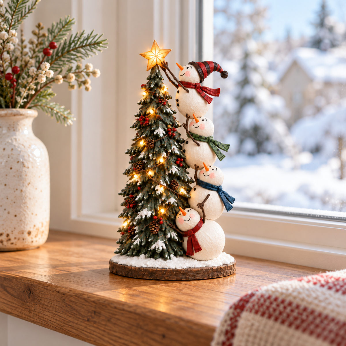 Four cheerful snowmen stacked beside a glowing Christmas tree as the top snowman reaches to place a golden star on its tip
