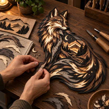 Hands arranging layered parts of the fox totem ambient wall light on a workbench