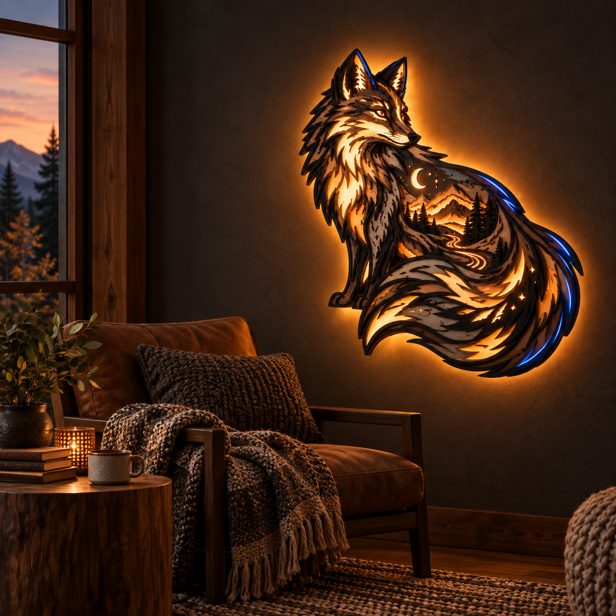 Fox totem layered ambient wall light in a reading corner