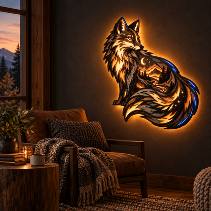 Fox totem layered ambient wall light in a reading corner