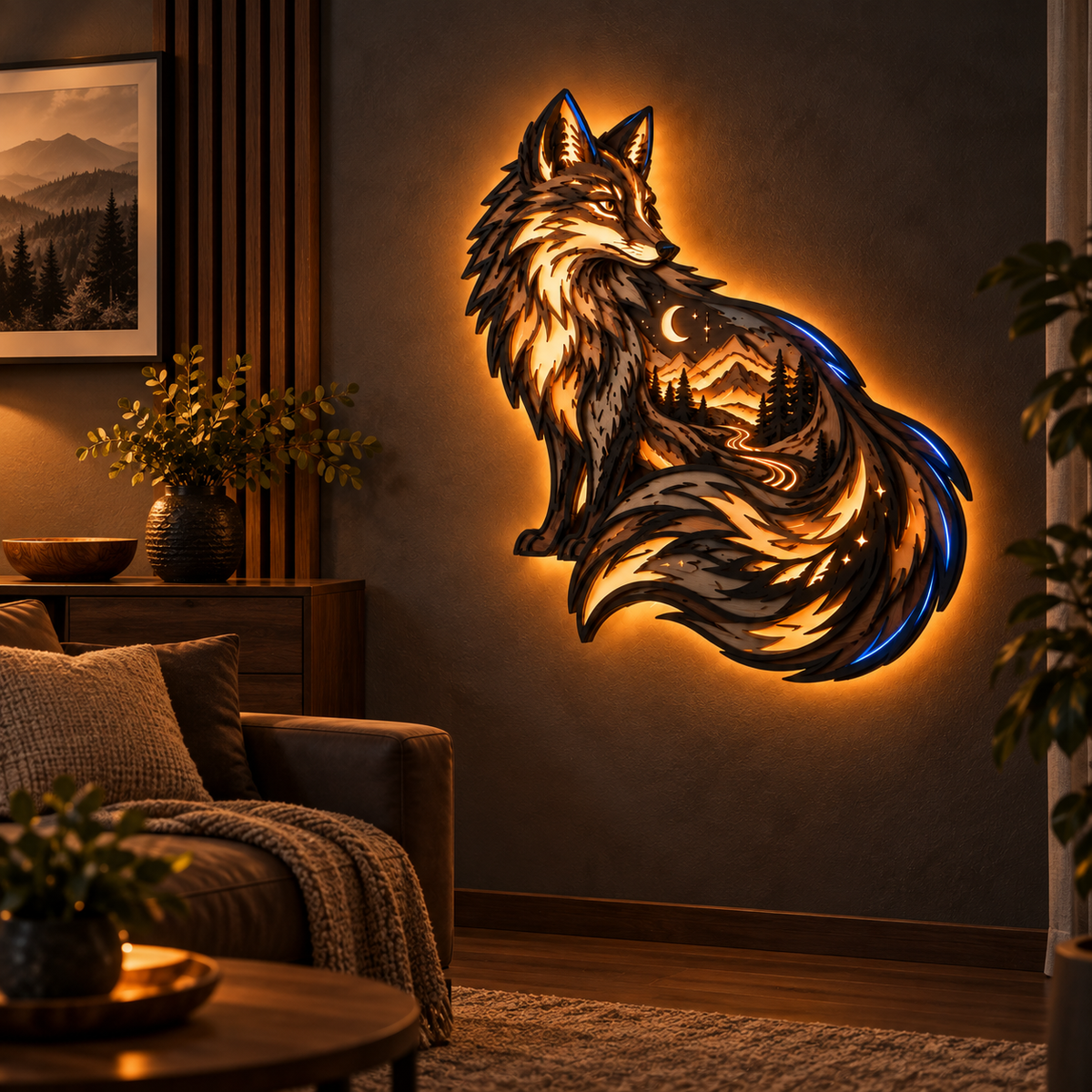 Fox totem layered ambient wall light in a living room