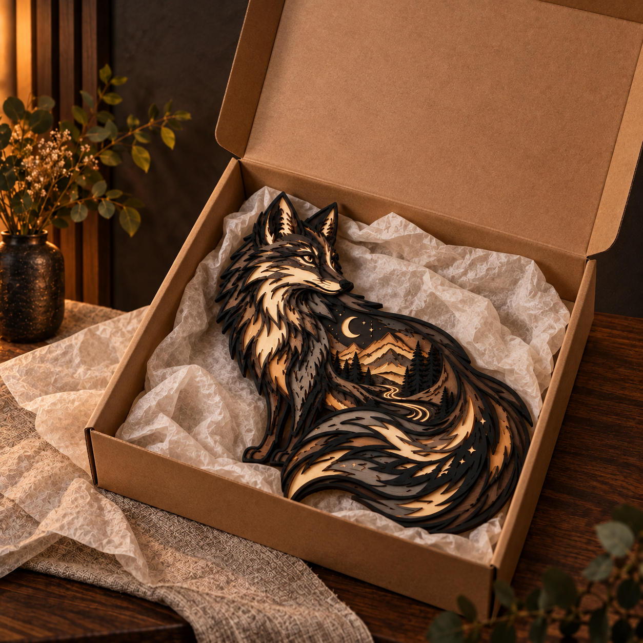 Fox totem layered ambient wall light boxed in an unlit state