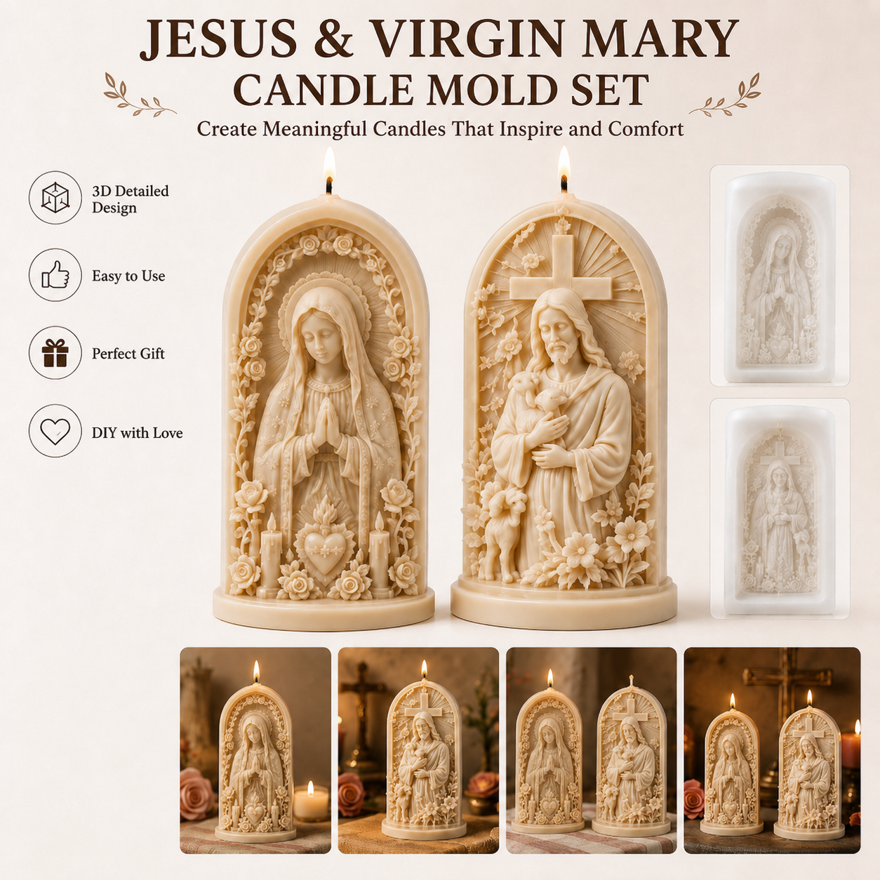 ✝️Good Shepherd Jesus 3D Candle Mold Set | Sculpted Cross, Lamb & Floral Relief for Faith-Inspired Handmade Candles 🕯️✨