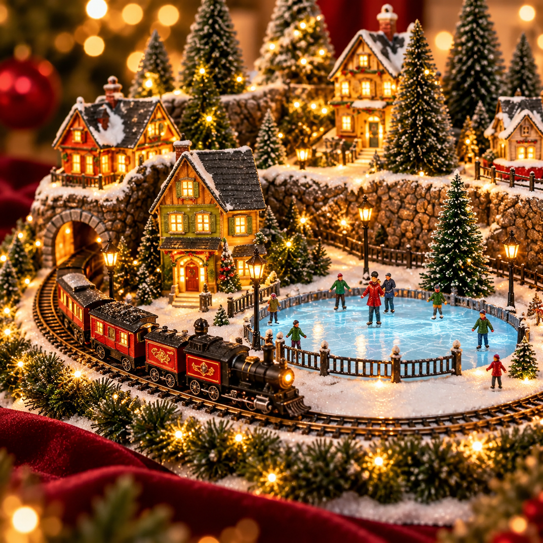 Close view of Merry Little Village, the stationary miniature train, snowy cottages and little ice skating rink