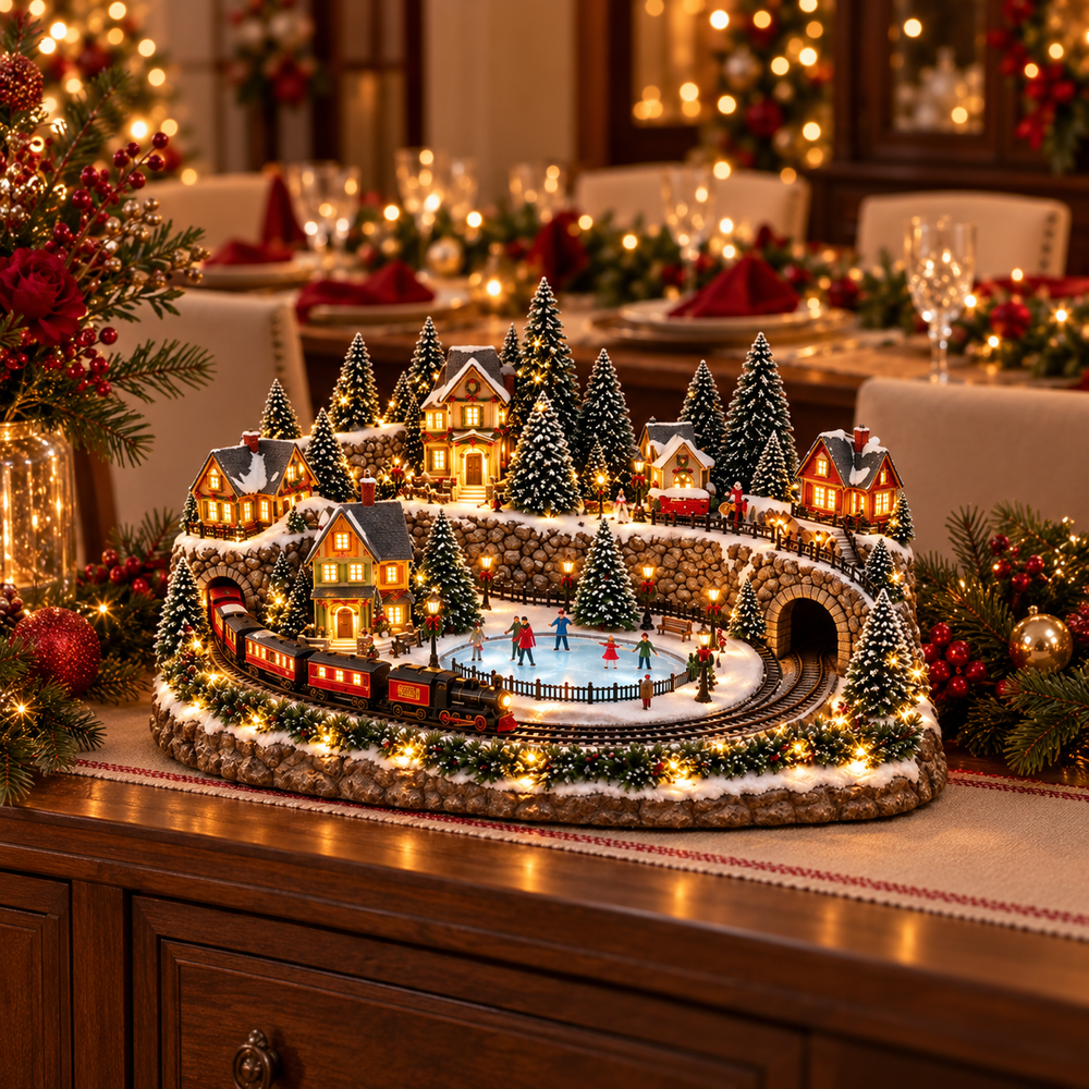 Merry Little Village lit on a dining room sideboard near a festive holiday table