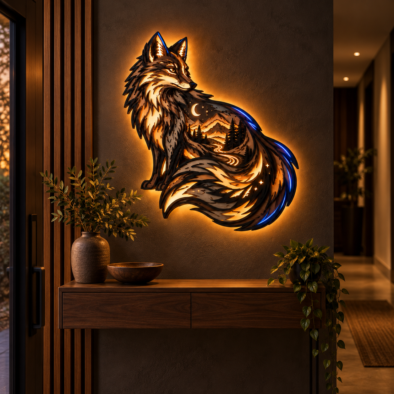Fox totem layered ambient wall light in an entryway