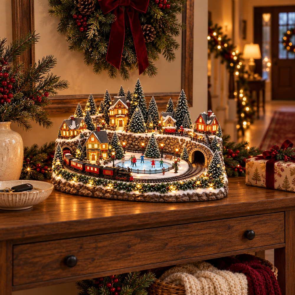 Merry Little Village displayed on a wooden entryway console with Christmas garland and wreath