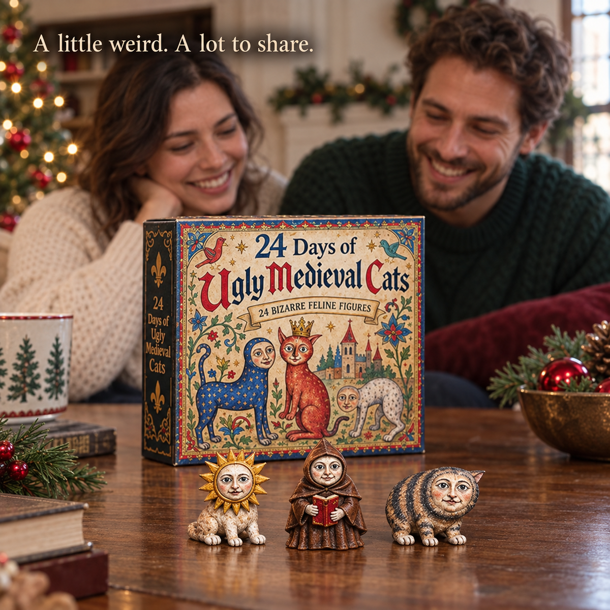 Couple enjoying the Ugly Medieval Cats Advent Calendar