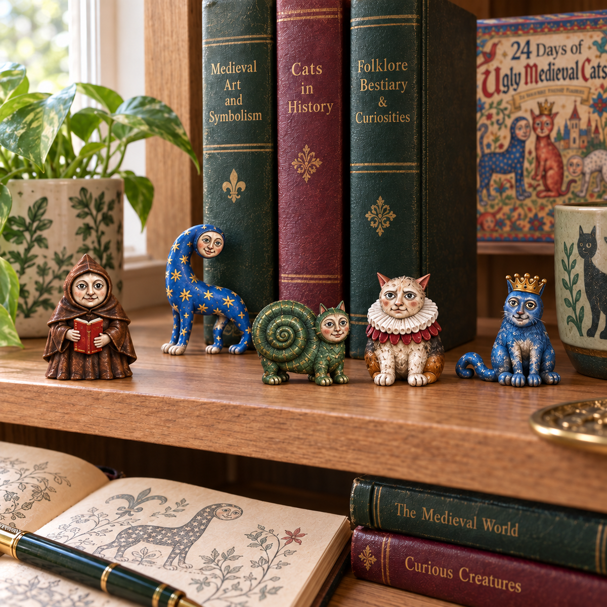Medieval cat figurines displayed on a bookshelf