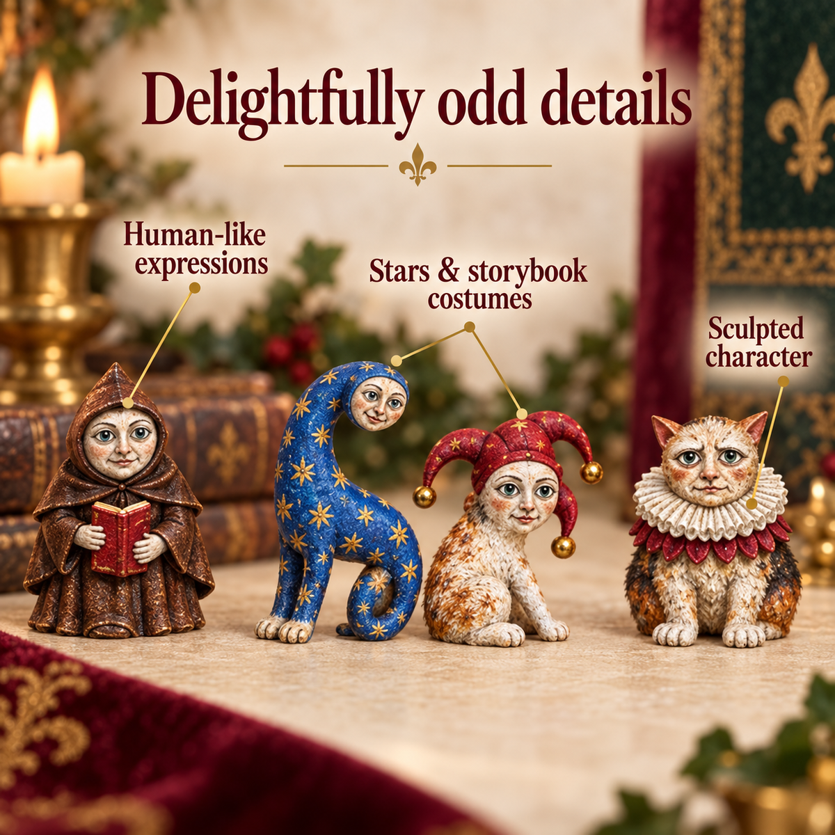 Close-up of unusual medieval cat figurines