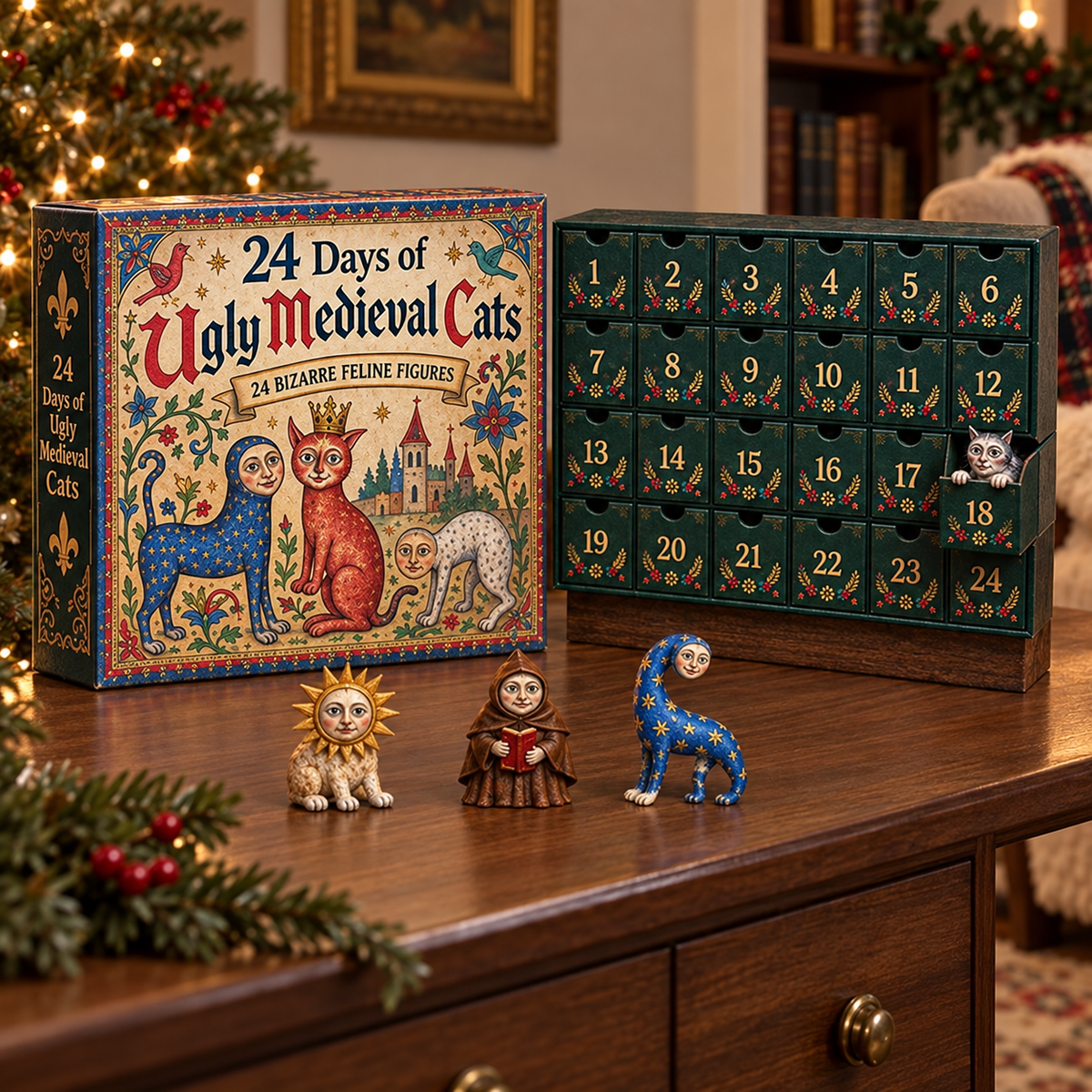 Ugly Medieval Cats Advent Calendar box and figurines
