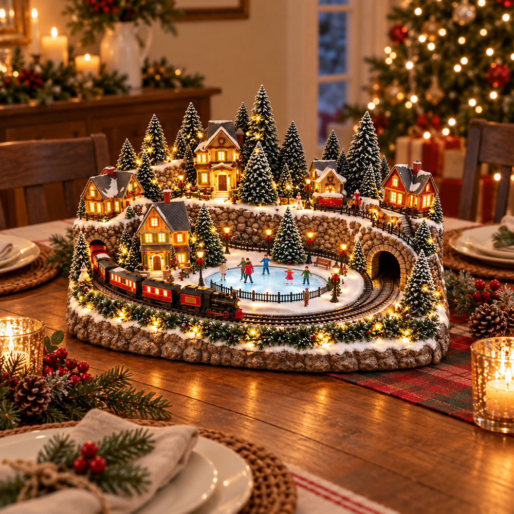 Merry Little Village displayed as a Christmas dining table centerpiece