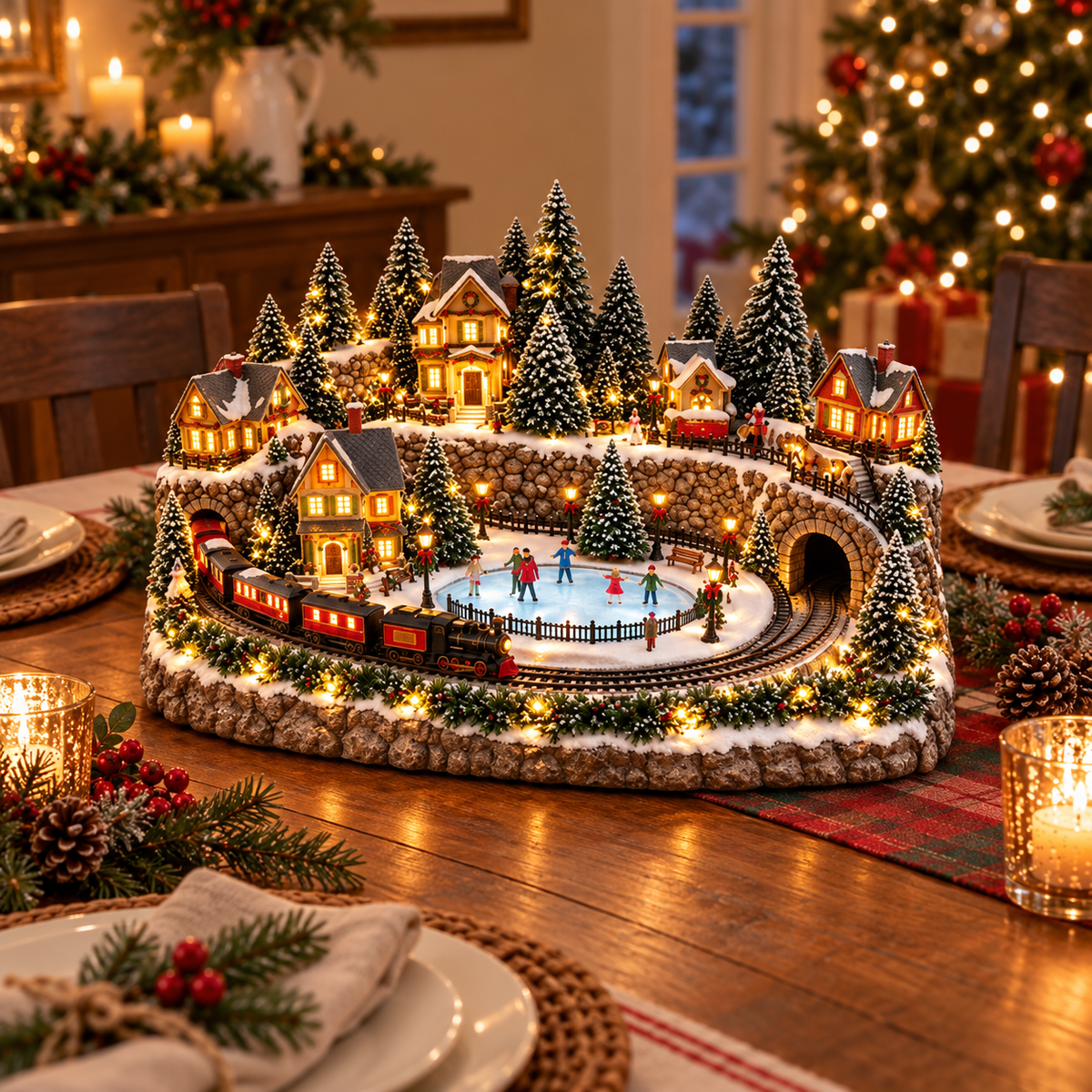 🚂🎄 Whimsical Light-Up Christmas Village — Animated Holiday Tabletop Decor
