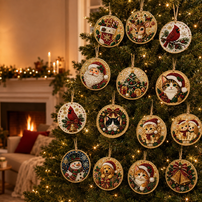 Four Christmas diamond painting ornament collections on a holiday tree