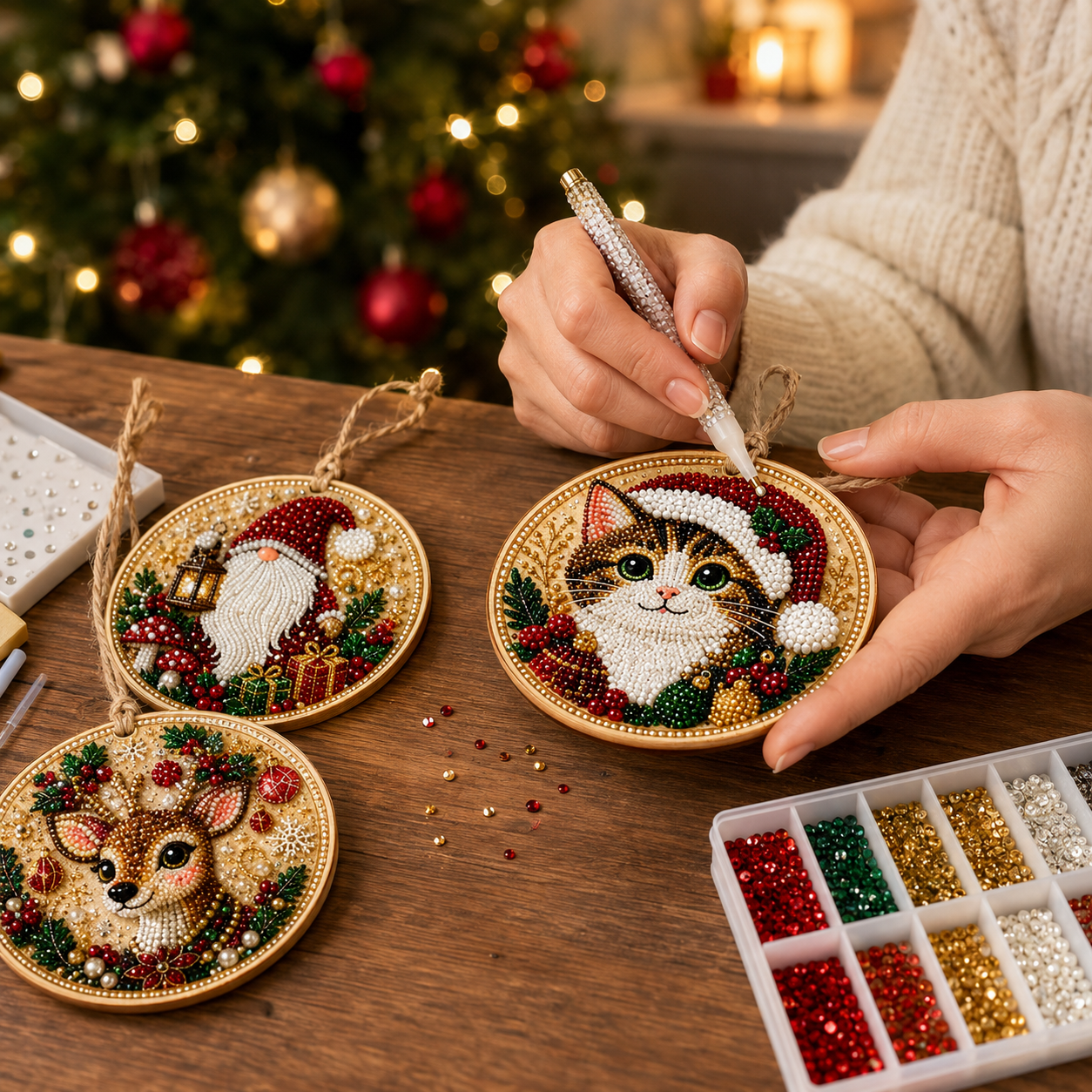 Hands applying pearls and gems to a Christmas diamond painting ornament