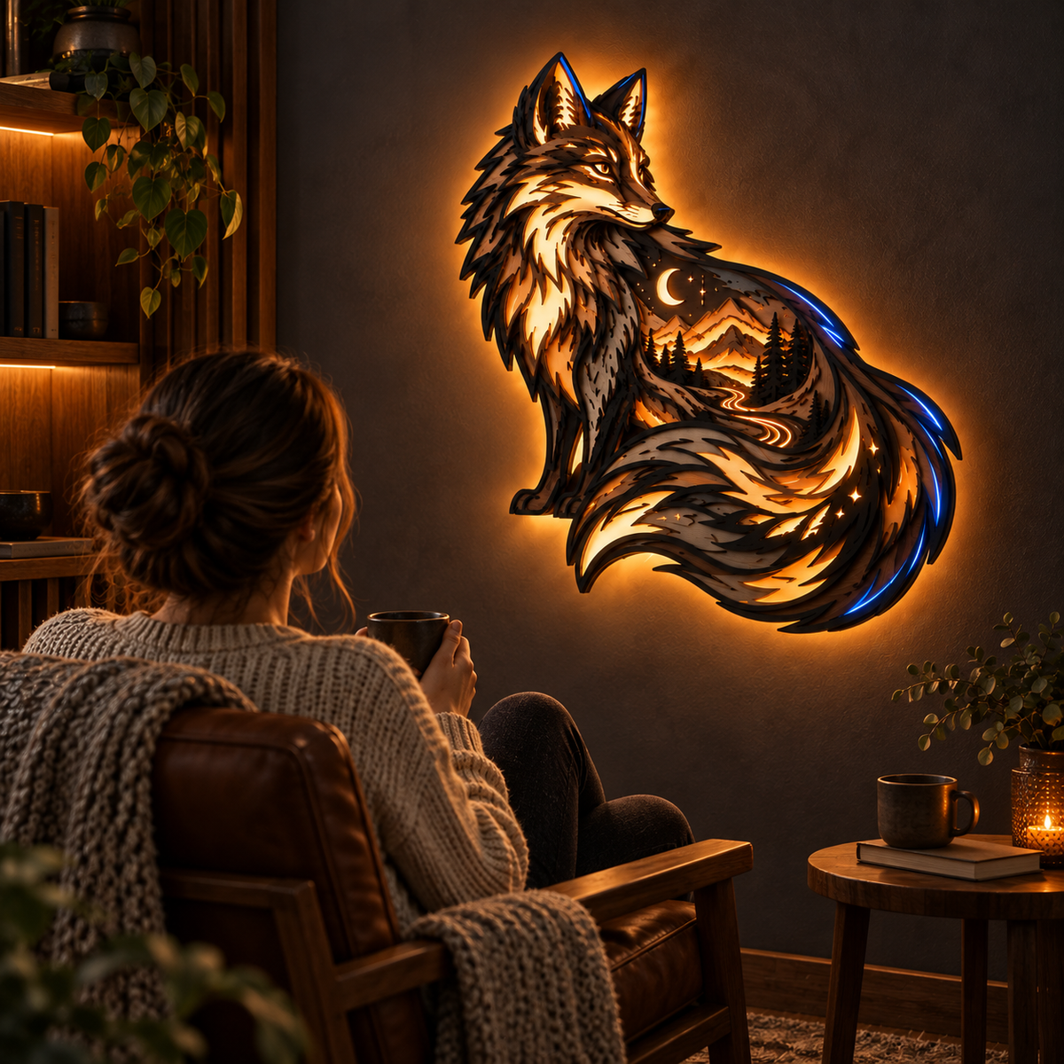 Person relaxing in a reading corner with the fox totem ambient wall light