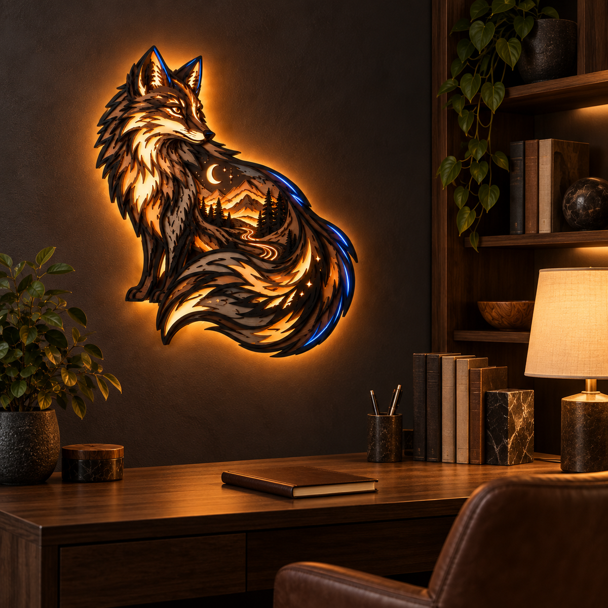 Fox totem layered ambient wall light in a study