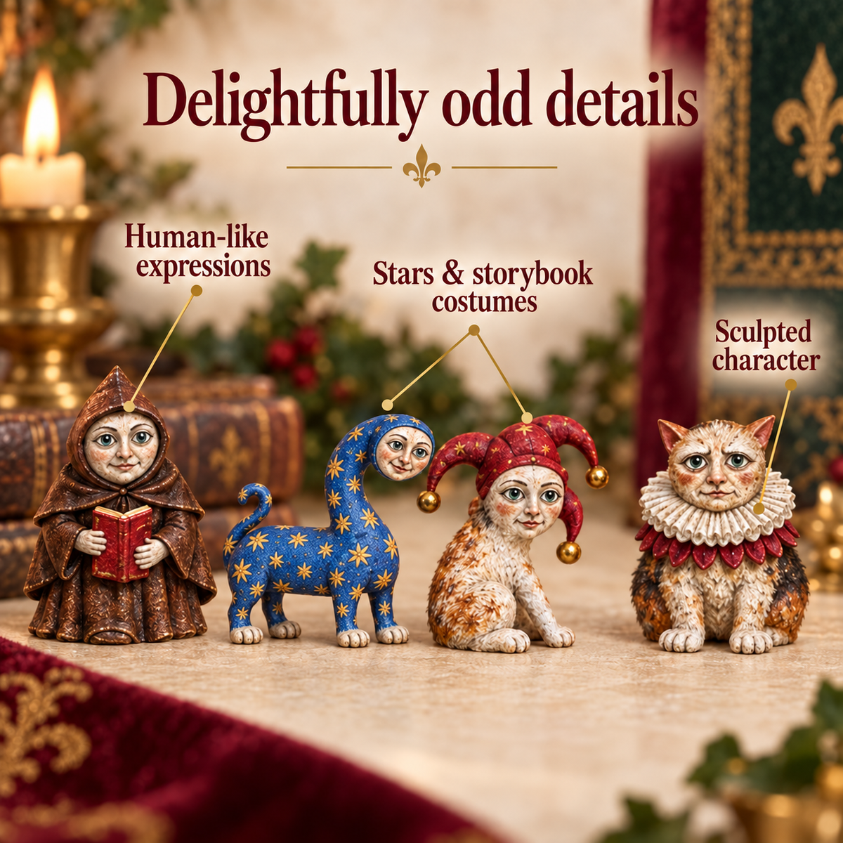 Detailed medieval cat figurines