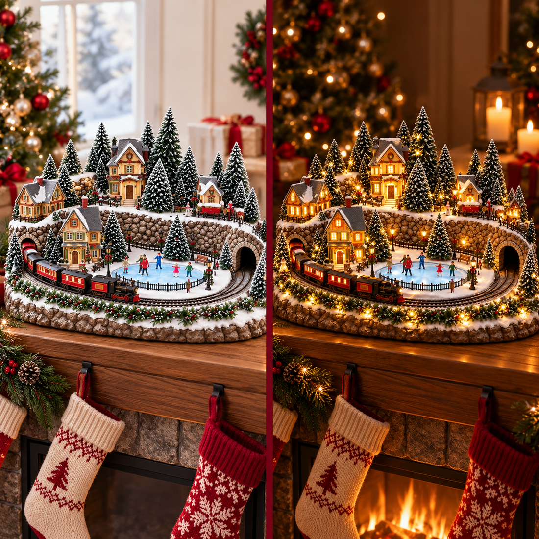 Side by side daytime and illuminated evening views of the snowy Christmas train village