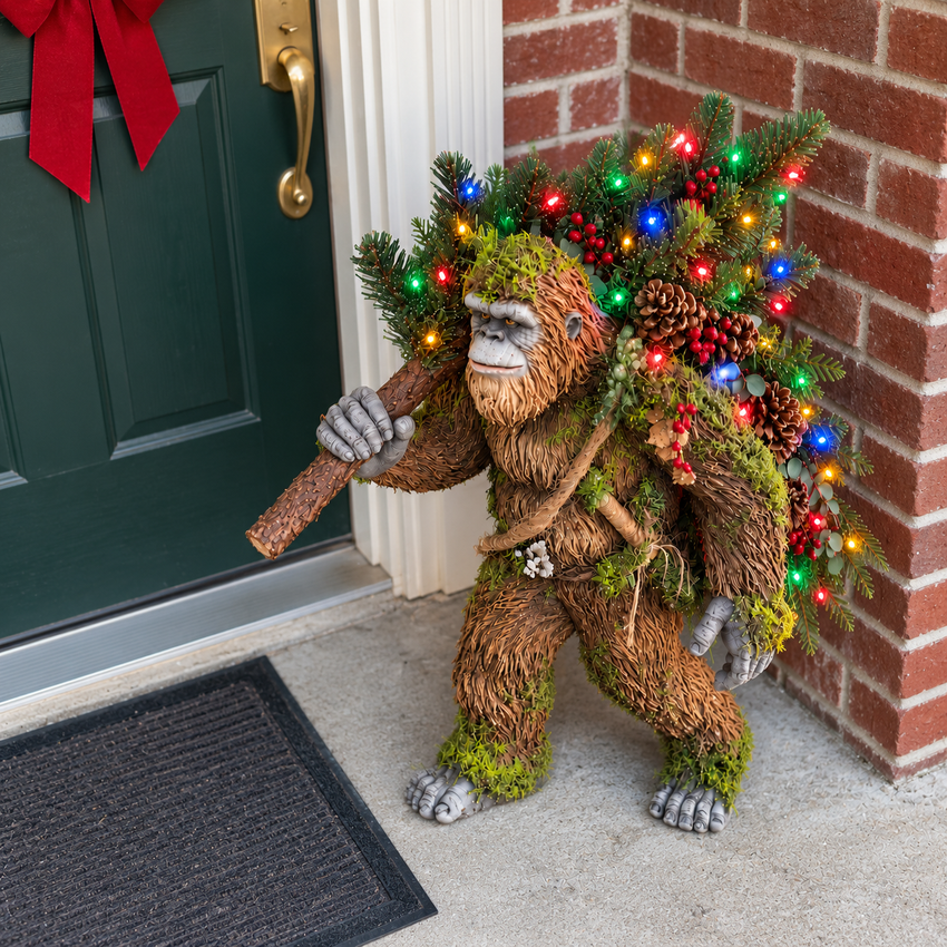 Illuminated Bigfoot beside a green front door