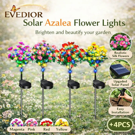 🌺Solar Azalea Flower Lights 4 Pack | IP65 Waterproof Realistic Multi-Color Stakes for Garden & Cemetery Memorial Decor