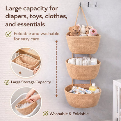 🔥HOT SALE🔥🧺Woven cotton 3-Tier Over the Door Basket, Wall-Mounted Jute Storage Organizer