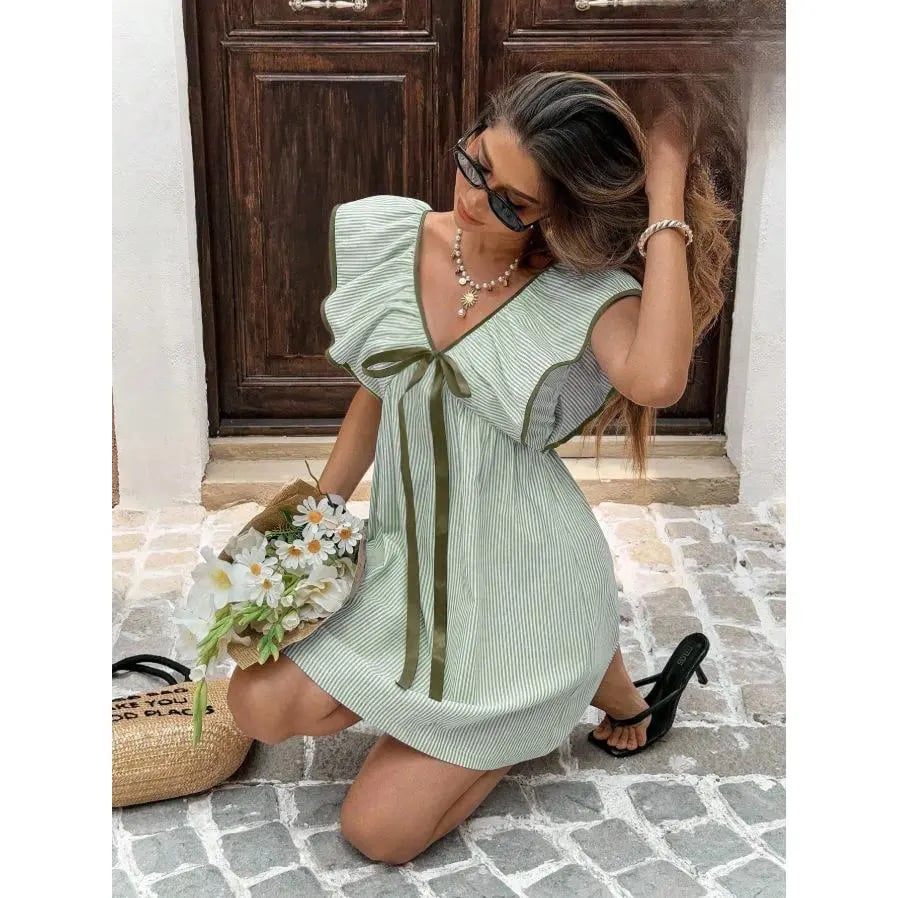 💙 Women’s Elegant Blue & White Striped V-Neck Dress