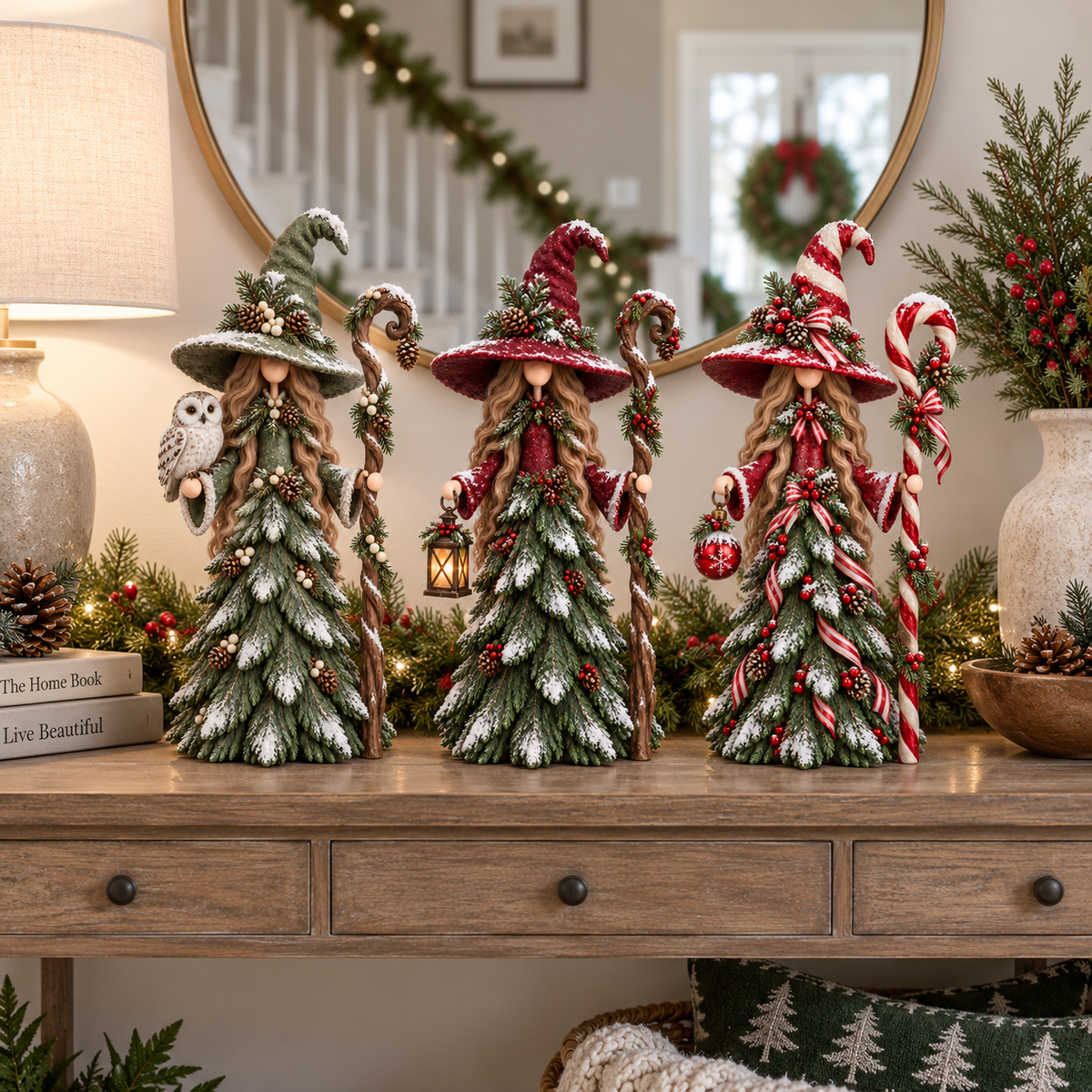 Three Whimsical Christmas Witch Keeper figurines displayed together