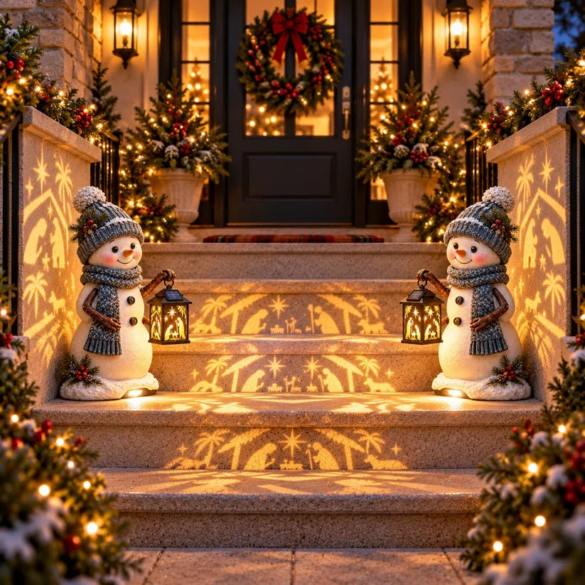 ⛄ Last Day 49% Snowman Nativity Glow™ – Solar Christmas Step Light with Holy Family Projection