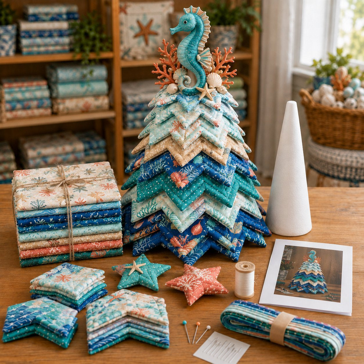 Seahorse Ocean Dream DIY fabric tree with fabric pieces and craft materials