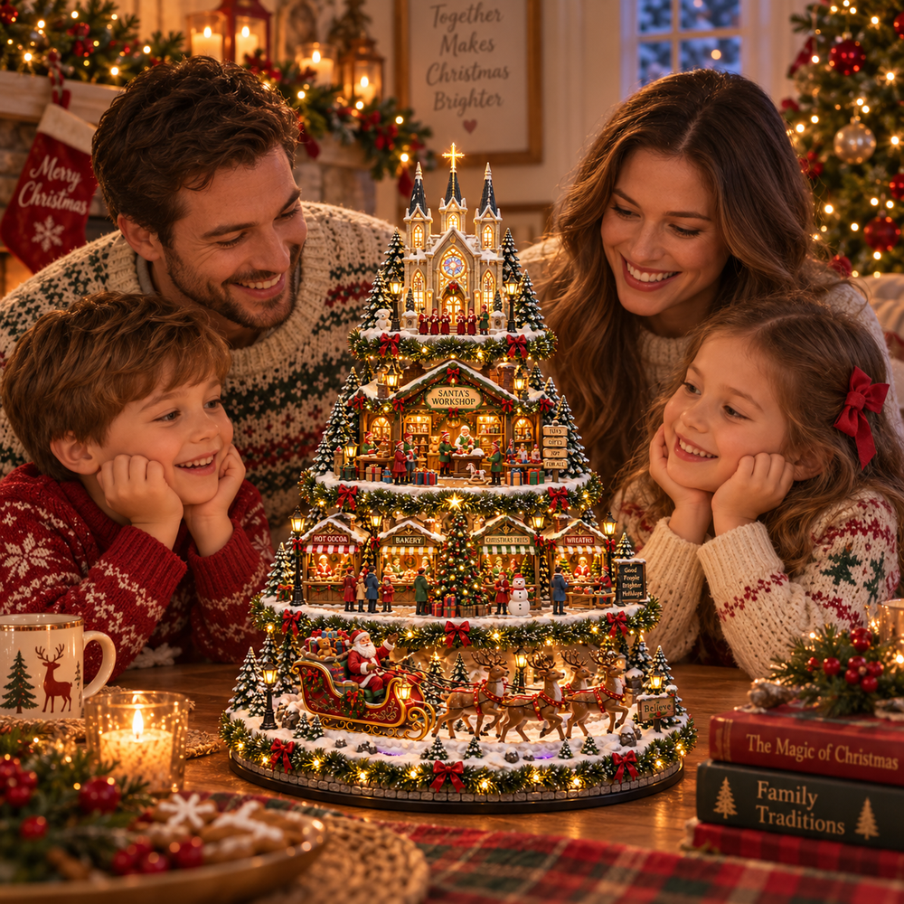 Family gathered to admire the glowing Storybook Christmas Village Tree
