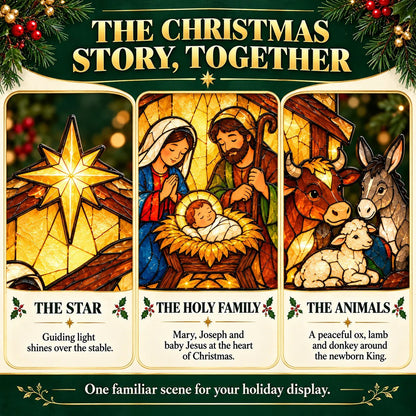 ✝️ Nativity Scene Christmas Decoration 🎄✨ Stained Glass Style Holy Family Display with Baby Jesus, Mary, Joseph & Stable Animals 🕊️🎁