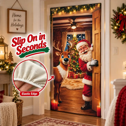 Santa Christmas Door Cover with Elastic Edges | Reusable Holiday Decor
