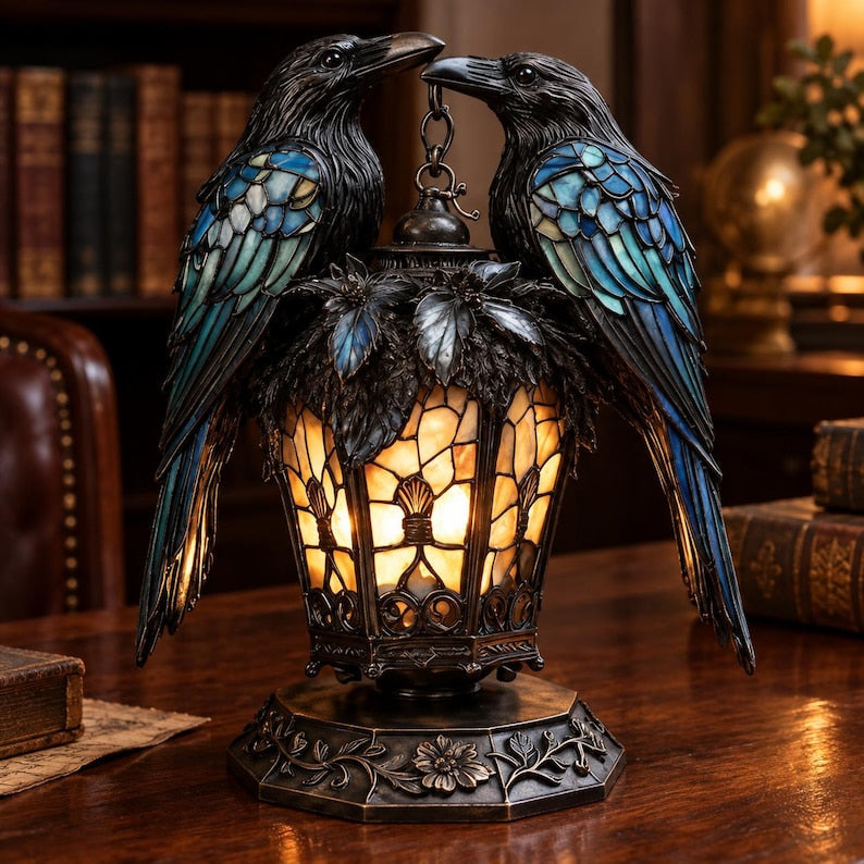 Gothic Stained-Glass Raven Lantern