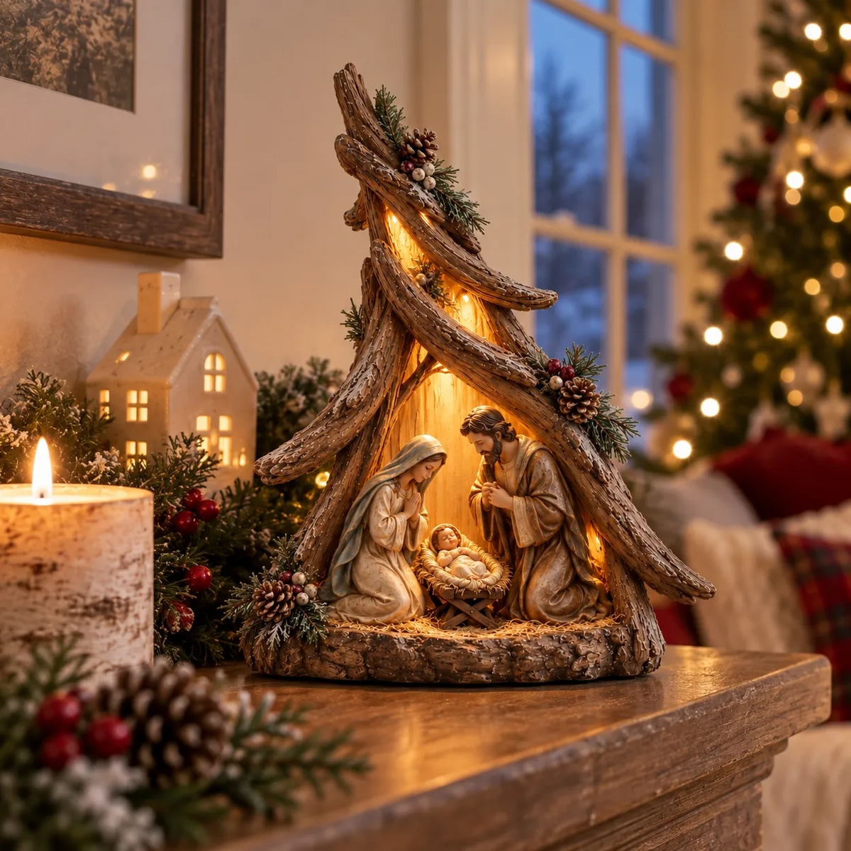 Old-World Lighted Nativity Trees
