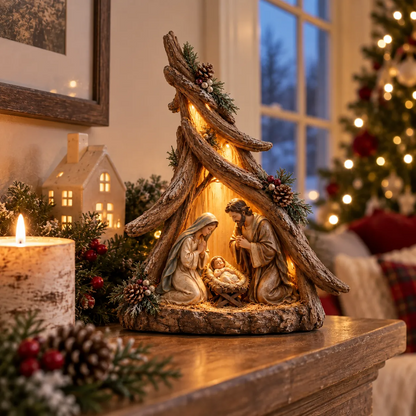 Old-World Lighted Nativity Trees