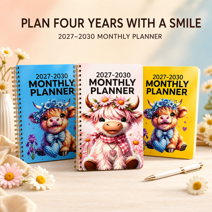 Three 2027–2030 Highland cow monthly planner cover styles