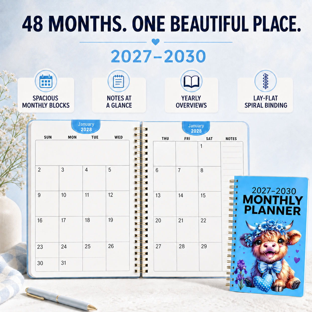 January 2028 monthly layout with four planner features