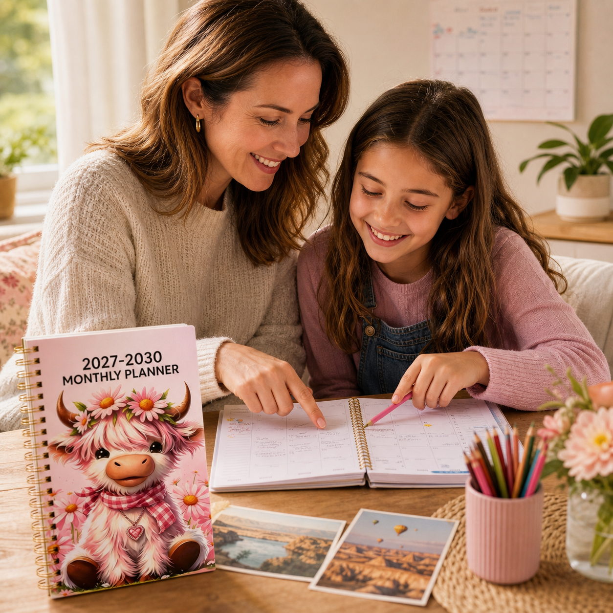 Parent and child planning school events and travel with the pink Highland cow monthly planner