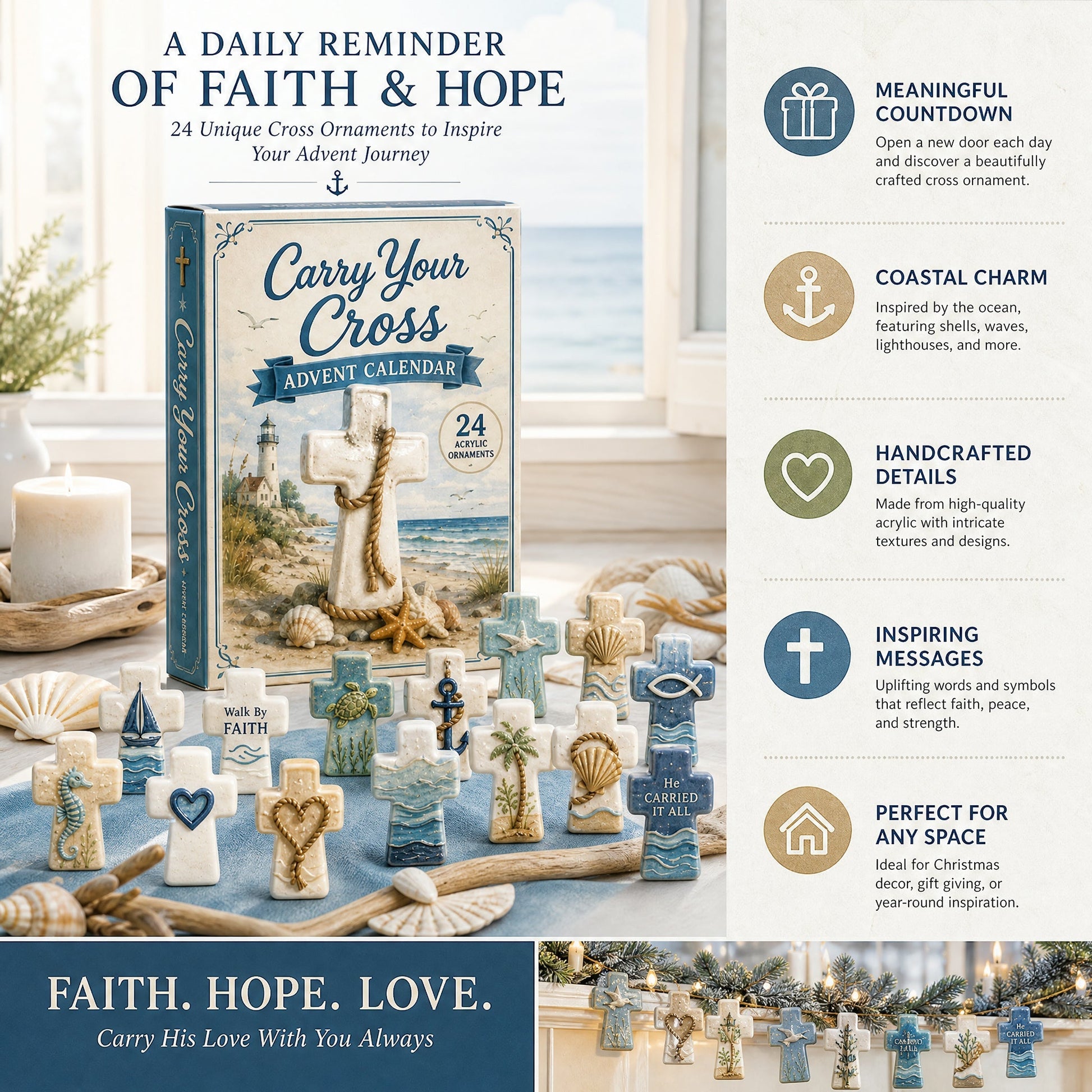 Carry Your Cross Faith Advent Calendar 2026 with 24 acrylic cross ornaments