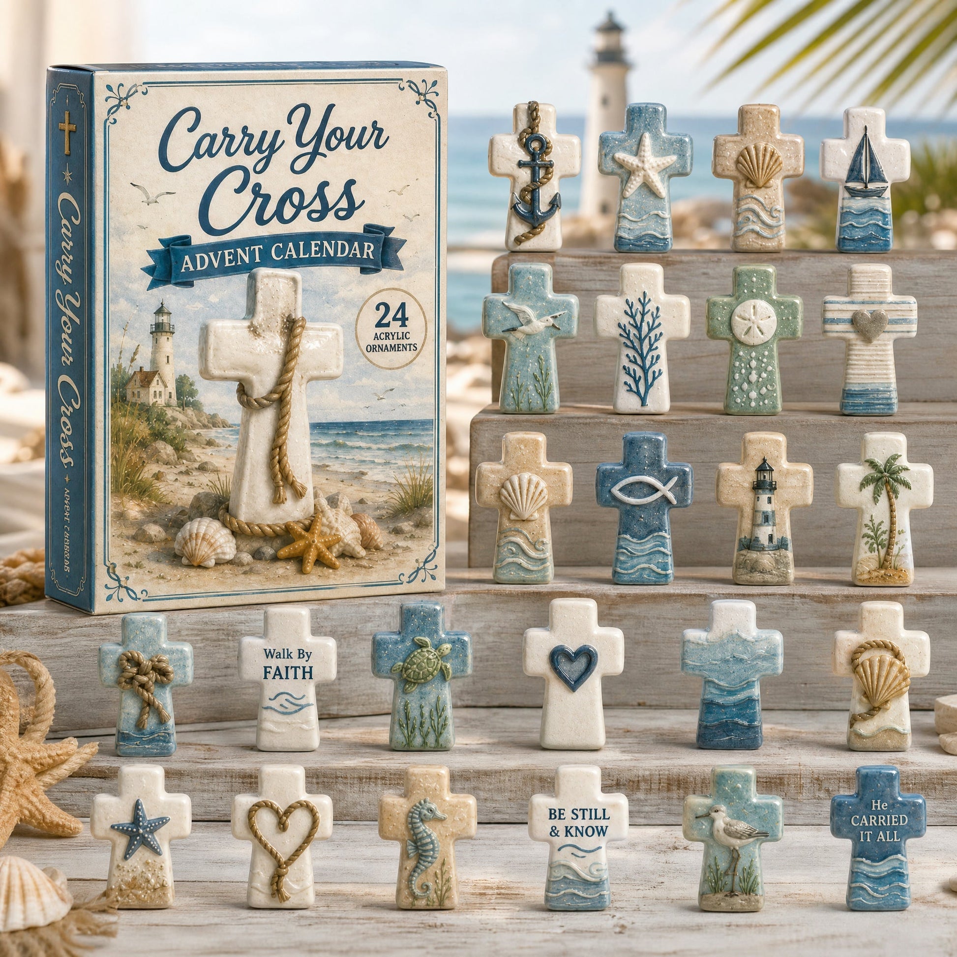 Individual coastal faith cross ornaments close-up