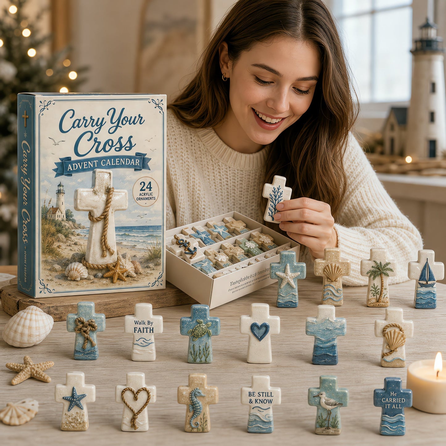 Faith cross ornaments displayed for Christmas