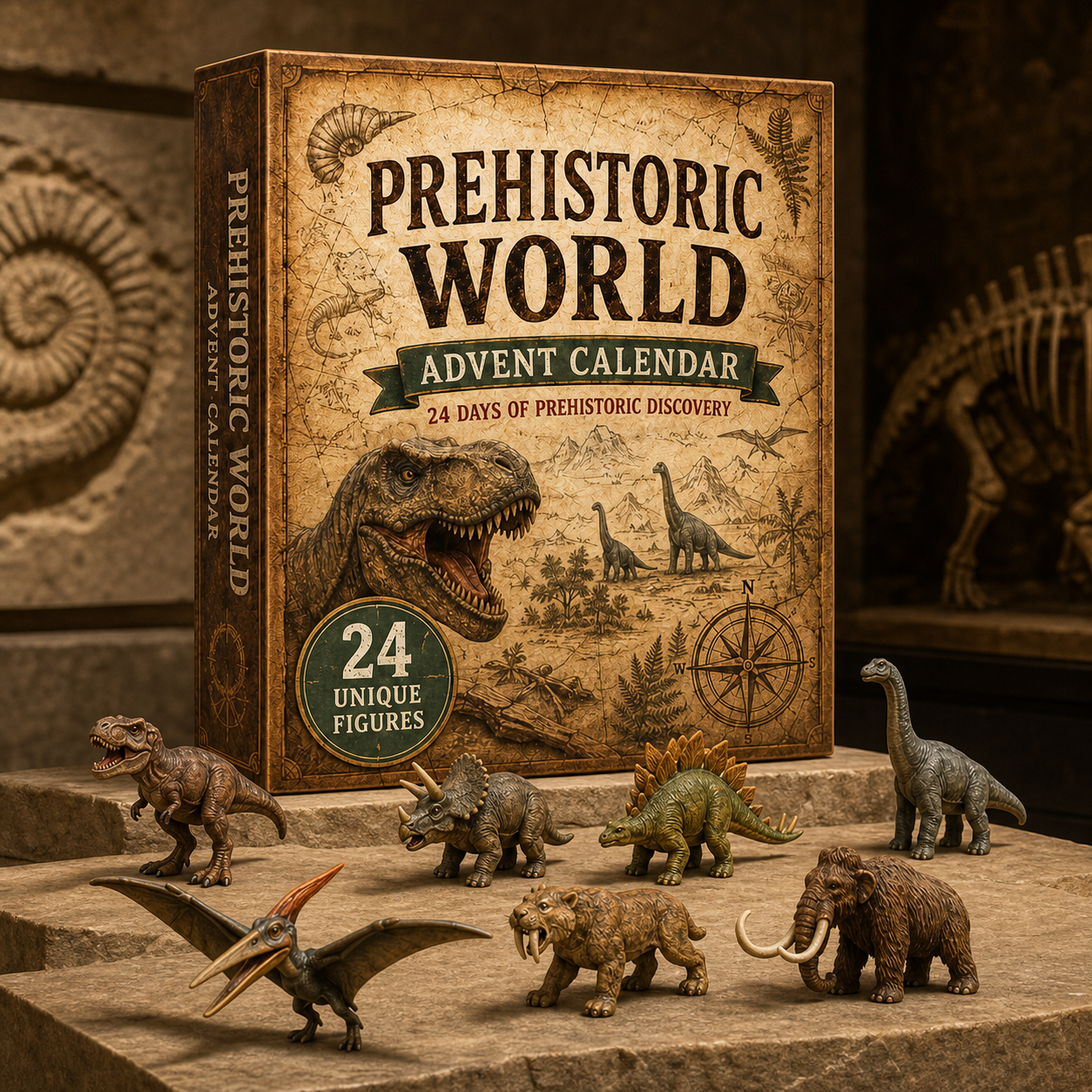 Prehistoric World Advent Calendar with selected miniature creatures in a museum display