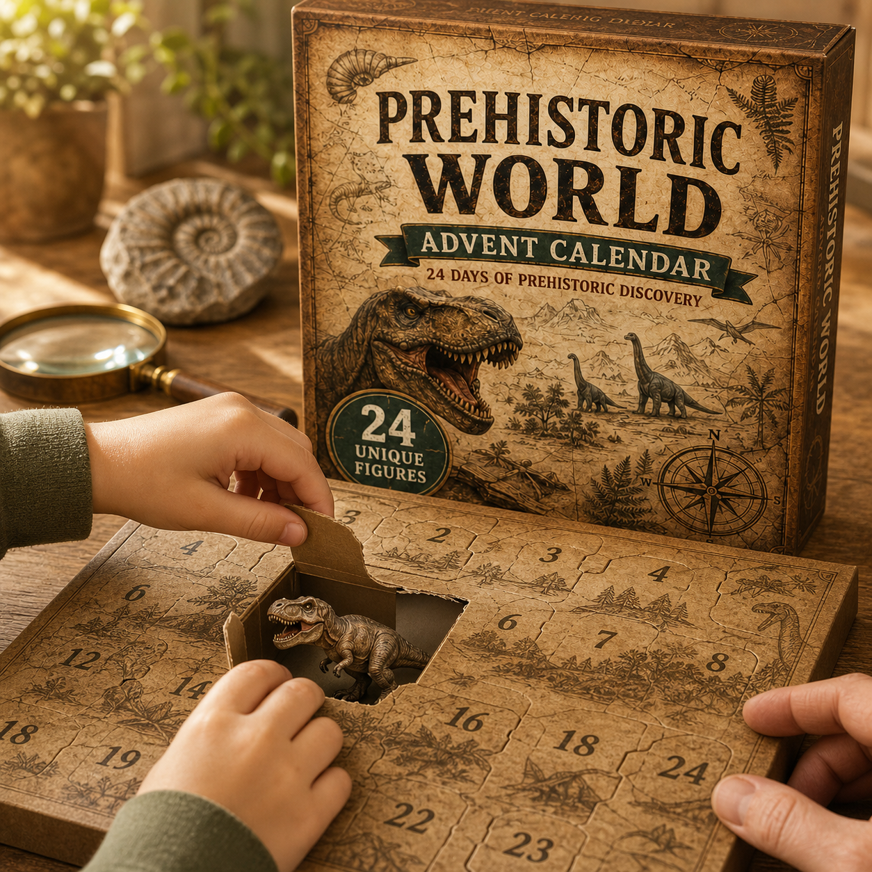 Child opening a numbered door on the Prehistoric World Advent Calendar