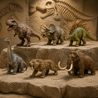 Close-up sculpted details of prehistoric animal miniatures