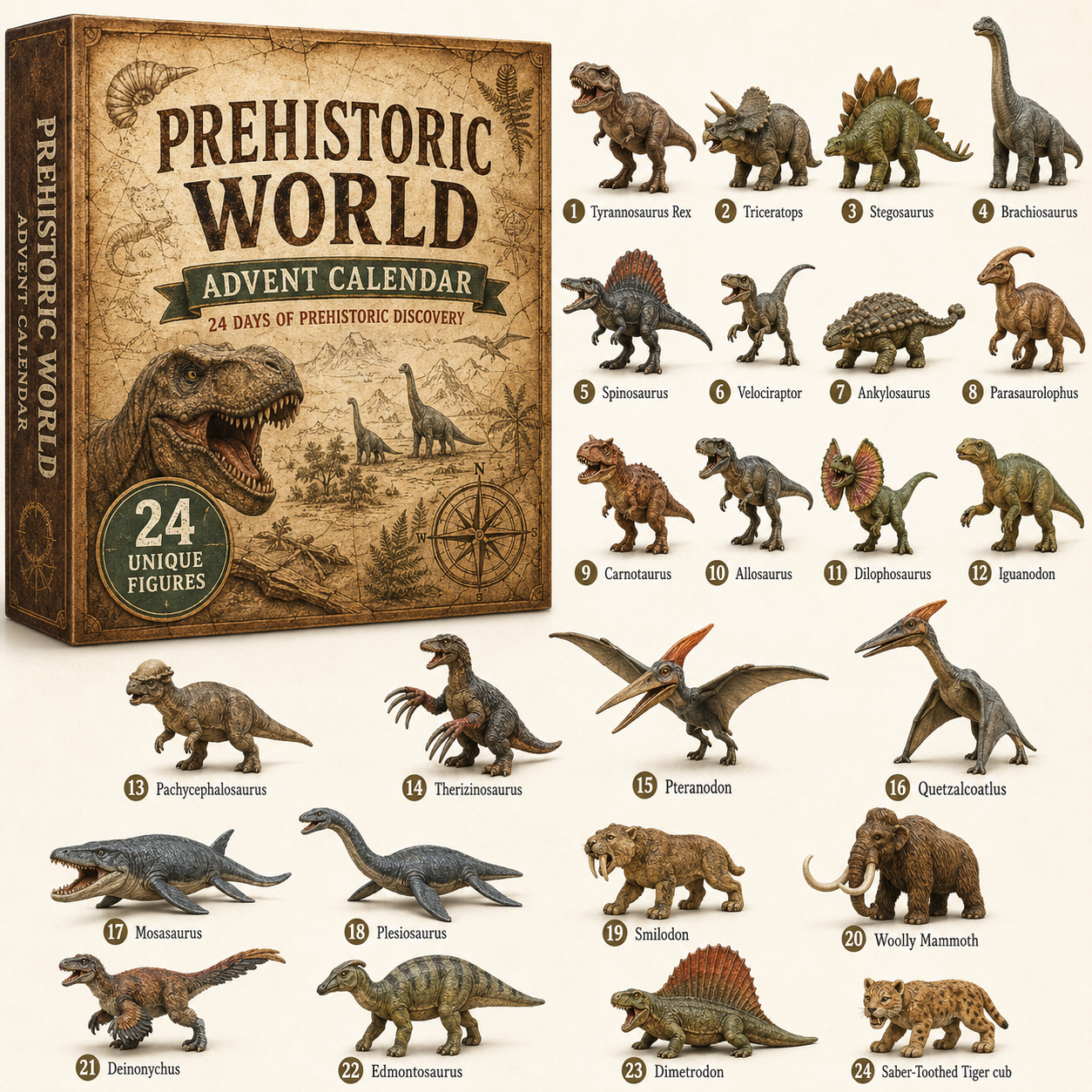 Prehistoric World Advent Calendar package and all 24 included figure designs