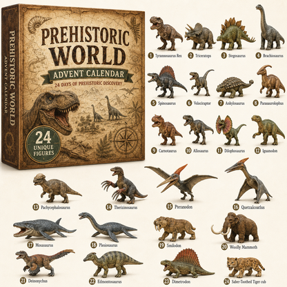 Prehistoric World Advent Calendar package and all 24 included figure designs