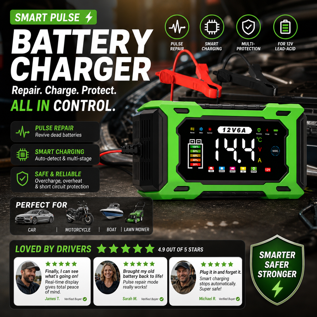 ⏳Time-Limited Special⏰12V 6A Smart Car Battery Charger – Pulse Repair Technology, Auto Maintain & Desulfation