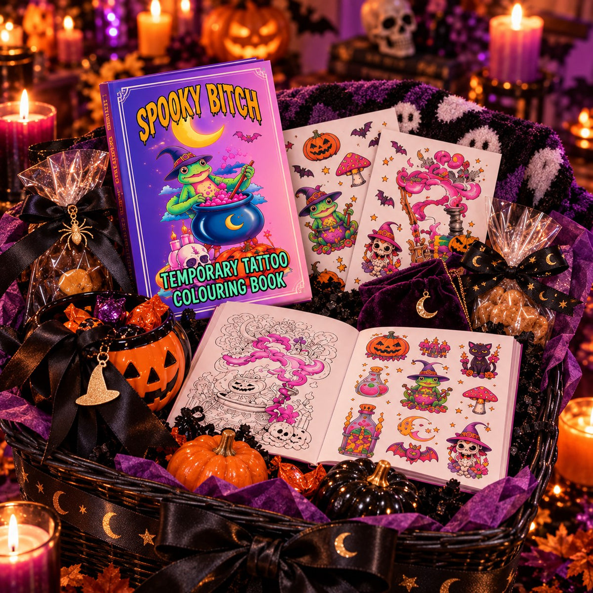 The spooky tattoo coloring book styled inside a Halloween Boo Basket